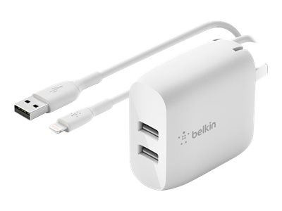 Belkin Väggladdare med 2x USB uttag + Lightning kabel 1m ryhmässä ÄLYPUHELIMET JA TABLETIT / Laturit & Kaapelit / Seinälaturi / Seinälaturi USB @ TP E-commerce Nordic AB (C18861)