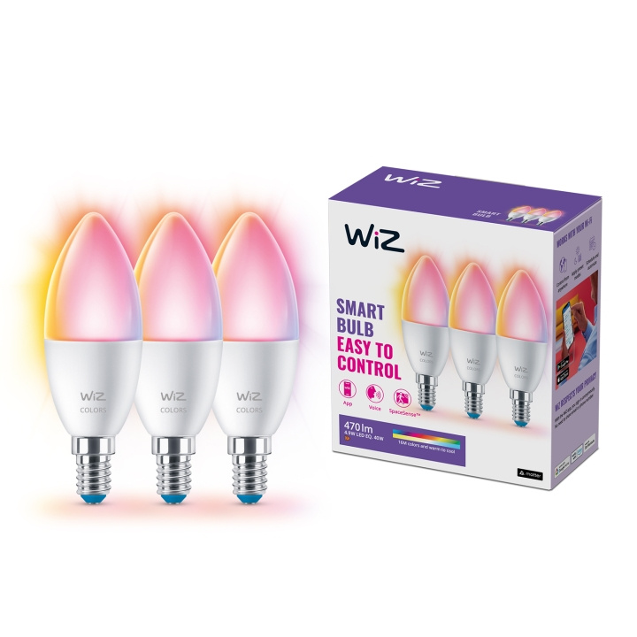 WiZ älylamppu, E14, C37, RGB, Wi-Fi, 2200-6500 K, 470 lm, matta, 3 kpl ryhmässä KODINELEKTRONIIKKA / Valaistus / LED-lamput @ TP E-commerce Nordic AB (C25629)
