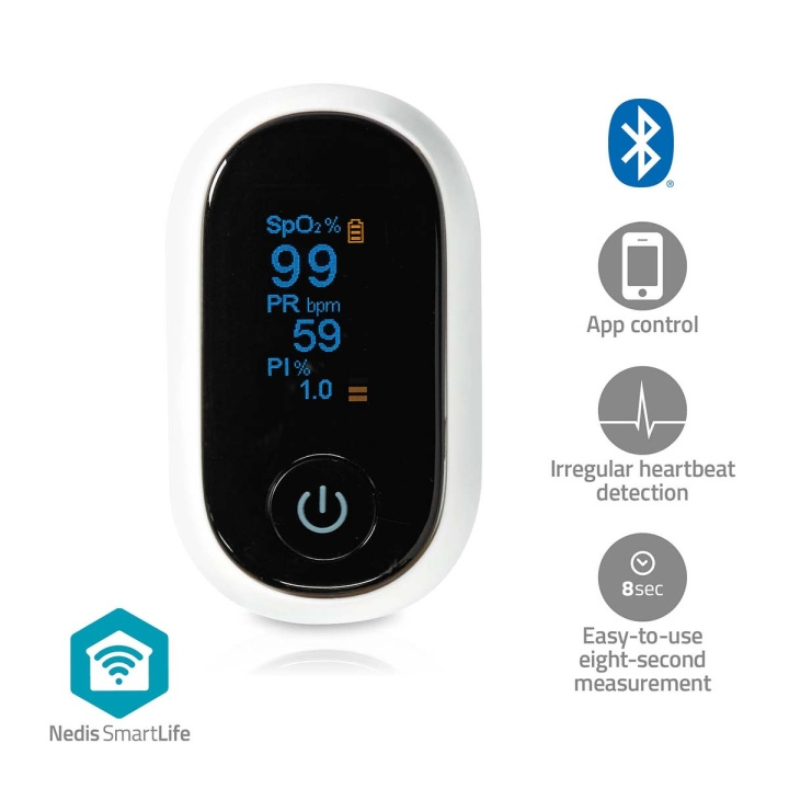 Nedis SmartLife Pulssioksimetri | Bluetooth® | OLED-näyttö | Auditiivinen hälytys / Happikyllästeisyys (SpO2) / Korkean tarkkuuden anturi / Liikkumisen estävät häiriöt / Perfuusioindeksi / Pulssi | Valkoinen ryhmässä KAUNEUS JA TERVEYS / Terveydenhoito / Pulssioksimetrit @ TP E-commerce Nordic AB (C25693)