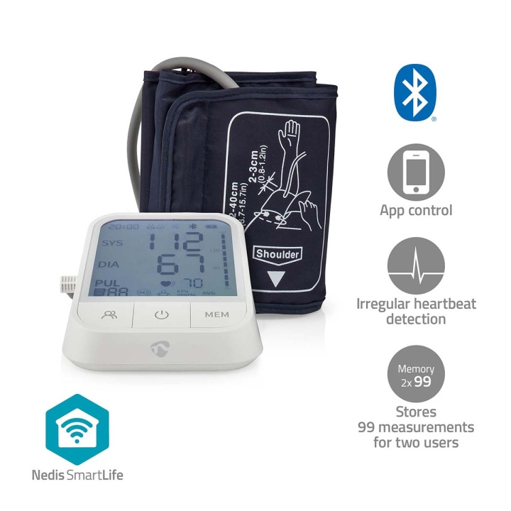 Nedis SmartLife Verenpainemittari | Käsi | Bluetooth | LCD-näyttö | 22 - 42 cm | Epäsäännöllisen sydämenlyönnin havaitseminen / Mansetin käytön tunnistus / Pysy paikallasi -ilmaisu | Valkoinen ryhmässä KAUNEUS JA TERVEYS / Terveydenhoito / Verenpainemittari @ TP E-commerce Nordic AB (C25695)