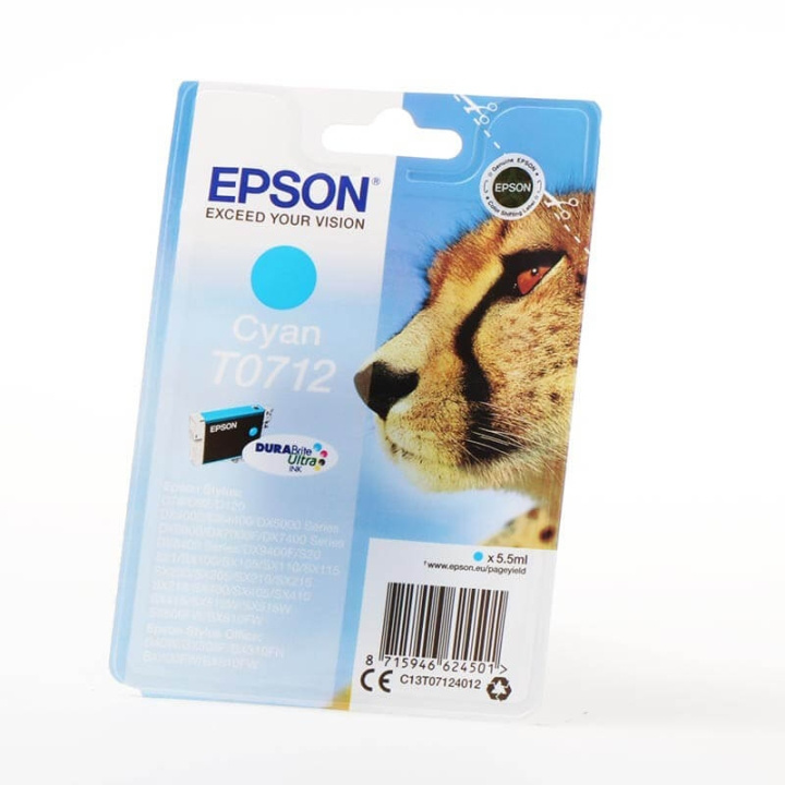 EPSON Musteet C13T07124012 T0712 Cyan Cheetah ryhmässä TIETOKOONET & TARVIKKEET / Tulostimet & Tarvikkeet / Musteet ja väriaineet / Mustepatruunat / Epson @ TP E-commerce Nordic AB (C26741)