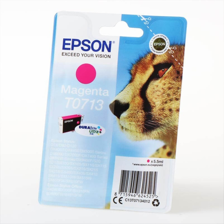 EPSON Musteet C13T07134012 T0713 Magenta Cheetah ryhmässä TIETOKOONET & TARVIKKEET / Tulostimet & Tarvikkeet / Musteet ja väriaineet / Mustepatruunat / Epson @ TP E-commerce Nordic AB (C26742)