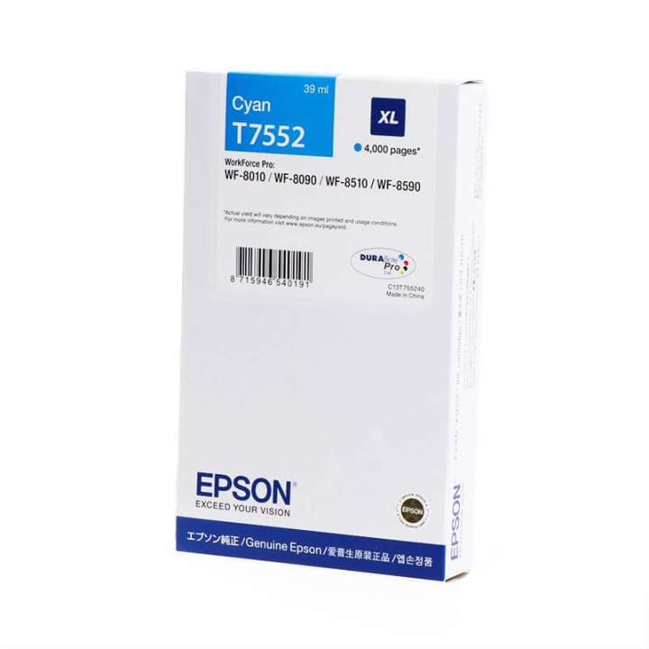 EPSON Musteet C13T755240 T7552 XL Cyan ryhmässä TIETOKOONET & TARVIKKEET / Tulostimet & Tarvikkeet / Musteet ja väriaineet / Mustepatruunat / Epson @ TP E-commerce Nordic AB (C26863)