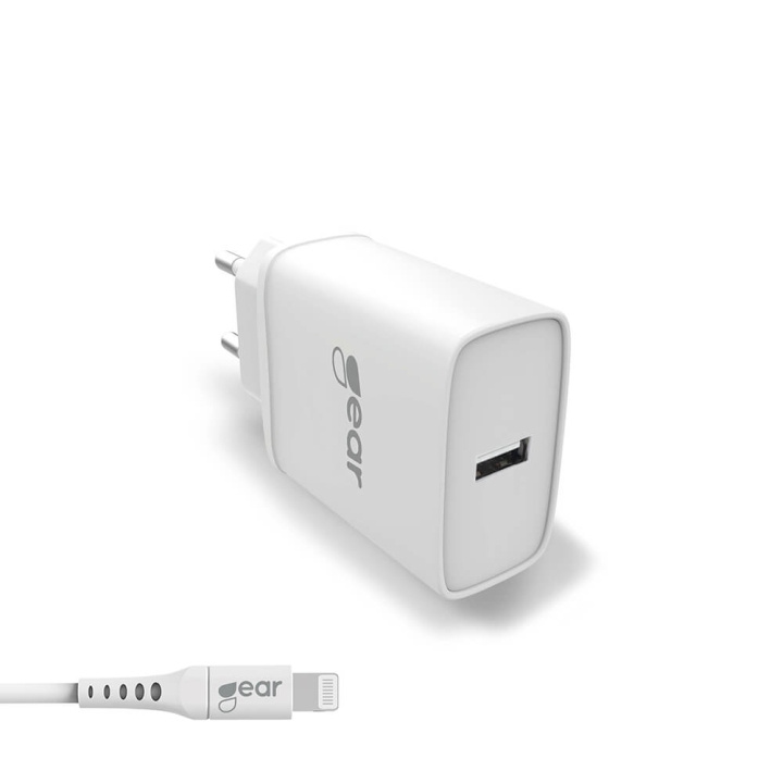 Gear Laturi 220V 1xUSB-A 2,4A Valkoinen Lightning Johto 1m MFI C89 ryhmässä ÄLYPUHELIMET JA TABLETIT / Laturit & Kaapelit / Seinälaturi / Seinälaturi USB @ TP E-commerce Nordic AB (C28616)
