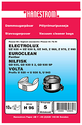 hanestroem Dammsugarpåsar Hanestrom Electrolux UZ 930 S 10-P ryhmässä KOTI, TALOUS JA PUUTARHA / Siivoustuotteet / Imurit & Tarvikkeet / Tarvikkeet / Pölynimurin pussit @ TP E-commerce Nordic AB (C33200)