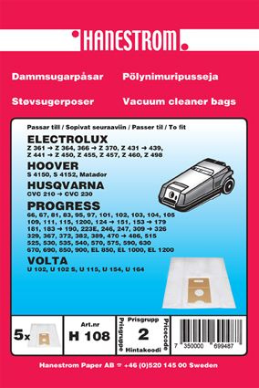 hanestroem Dammsugarpåsar Hanestrom Volta U 102. U 115. U154.U164 ryhmässä KOTI, TALOUS JA PUUTARHA / Siivoustuotteet / Imurit & Tarvikkeet / Tarvikkeet / Pölynimurin pussit @ TP E-commerce Nordic AB (C33203)