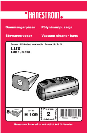 hanestroem Dammsugarpåsar Hanestrom LUX 1. D 820 ryhmässä KOTI, TALOUS JA PUUTARHA / Siivoustuotteet / Imurit & Tarvikkeet / Tarvikkeet / Pölynimurin pussit @ TP E-commerce Nordic AB (C33204)