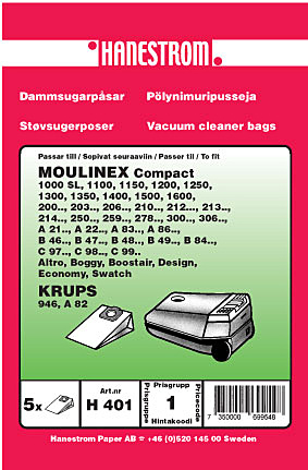 hanestroem Dammsugarpåsar Hanestrom Moulinex Compact ryhmässä KOTI, TALOUS JA PUUTARHA / Siivoustuotteet / Imurit & Tarvikkeet / Tarvikkeet / Pölynimurin pussit @ TP E-commerce Nordic AB (C33209)