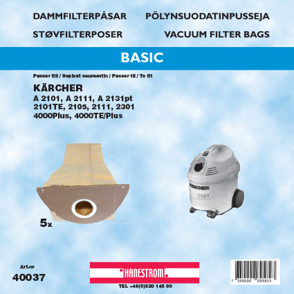 hanestroem Dammsugarpåsar Hanestrom Kärcher 2101. 2101TE ryhmässä KOTI, TALOUS JA PUUTARHA / Siivoustuotteet / Imurit & Tarvikkeet / Tarvikkeet / Pölynimurin pussit @ TP E-commerce Nordic AB (C33212)