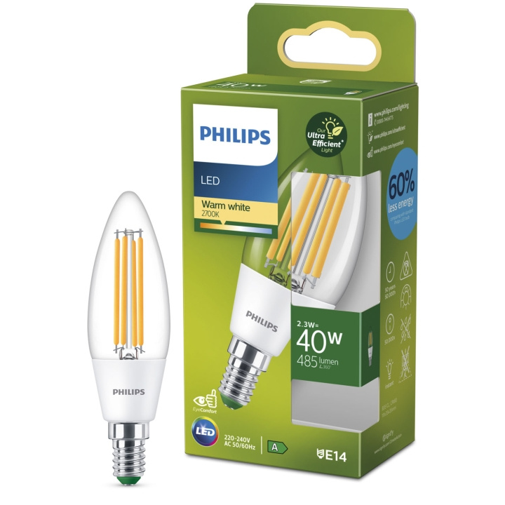 Philips LED E14 B35 Kron 2,3W (40W) Klar 485lm 2700K Energiklass A ryhmässä KODINELEKTRONIIKKA / Valaistus / LED-lamput @ TP E-commerce Nordic AB (C33742)