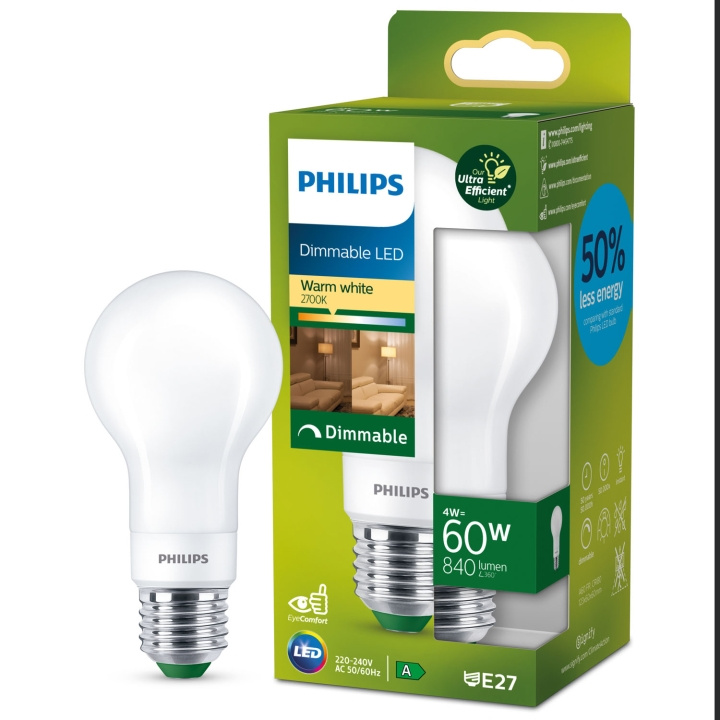 Philips LED E27 Normal 4W (60W) Frost Dimbar 840lm 2700K Energiklass A ryhmässä KODINELEKTRONIIKKA / Valaistus / LED-lamput @ TP E-commerce Nordic AB (C33751)
