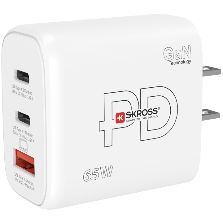 SKROSS Power Charger US/Japan mfl. 2xUSB-C PD + 1xUSB-A GaN 65W ryhmässä KOTI, TALOUS JA PUUTARHA / Sähkö & Valaistus / Matkasovittimet @ TP E-commerce Nordic AB (C33813)