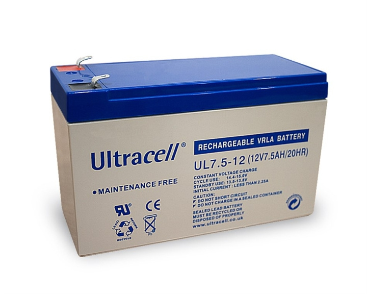 Ultracell Blybatteri 12 V, 7,5 Ah (UL7.5-12) Faston (4,8 mm) Blybatteri ryhmässä KODINELEKTRONIIKKA / Paristot & Laturit / Ladattavat paristot / Lyijyparistot @ TP E-commerce Nordic AB (C38877)