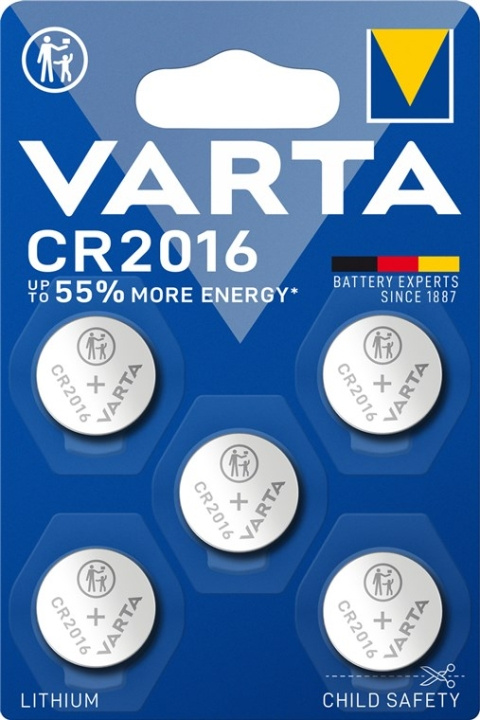 Varta CR2016 (6016) batteri, 5 st. i blister litium-knappcell, 3 V ryhmässä KODINELEKTRONIIKKA / Paristot & Laturit / Akut / Nappiparistot @ TP E-commerce Nordic AB (C38911)