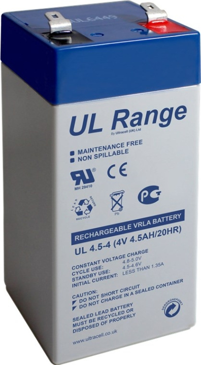 Ultracell Blybatteri 4 V, 4,5 Ah (UL4.5-4) Faston (4,8 mm) Blybatteri ryhmässä KODINELEKTRONIIKKA / Paristot & Laturit / Ladattavat paristot / Lyijyparistot @ TP E-commerce Nordic AB (C39427)