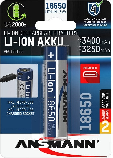 Ansmann 18650 -akkuparisto microUSB-latausliittimellä, 3400 mAh ryhmässä KODINELEKTRONIIKKA / Paristot & Laturit / Akut / Muut @ TP E-commerce Nordic AB (C41036)