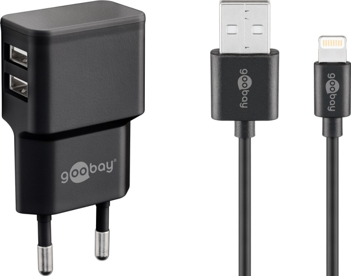 Goobay Apple Lightning Dual laddningssats (12 W) Strömförsörjningsenhet med 2x USB-uttag och Apple Lightning-kabel 1 m (svart) ryhmässä ÄLYPUHELIMET JA TABLETIT / Laturit & Kaapelit / Seinälaturi / Seinälatruri Lightning @ TP E-commerce Nordic AB (C43980)