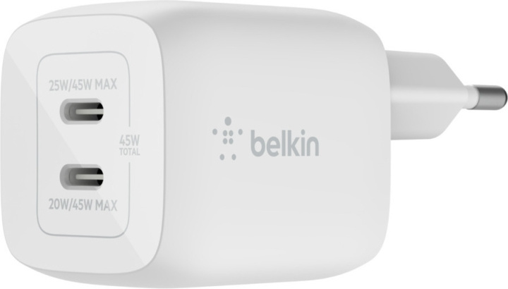Belkin Boost Charge Pro Dual Port USB-C GaN 45 W PD 3.0 -verkkovirtalaturi, valkoinen ryhmässä ÄLYPUHELIMET JA TABLETIT / Laturit & Kaapelit / Seinälaturi / Seinälaturi Type C @ TP E-commerce Nordic AB (C44534)