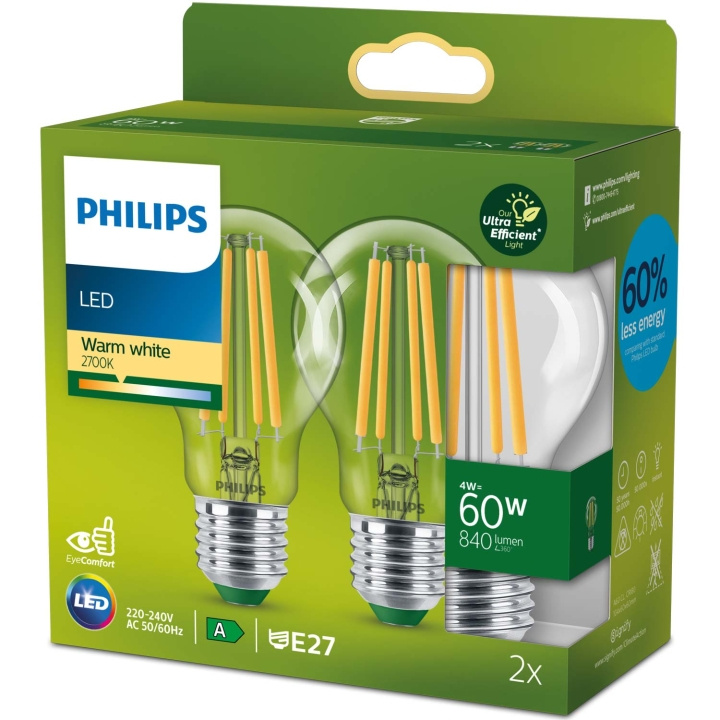 Philips 2-pack LED E27 Normal 4W (60W) Klar 840lm 2700K Energiklass A ryhmässä KODINELEKTRONIIKKA / Valaistus / LED-lamput @ TP E-commerce Nordic AB (C51452)