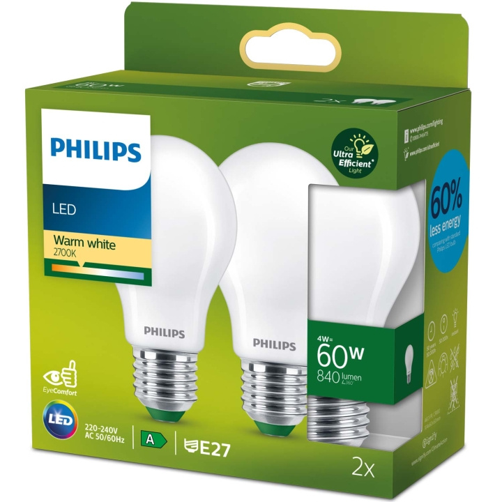 Philips 2-pack LED E27 Normal 4W (60W) Frostad 840lm 2700K Energiklass A ryhmässä KODINELEKTRONIIKKA / Valaistus / LED-lamput @ TP E-commerce Nordic AB (C51453)