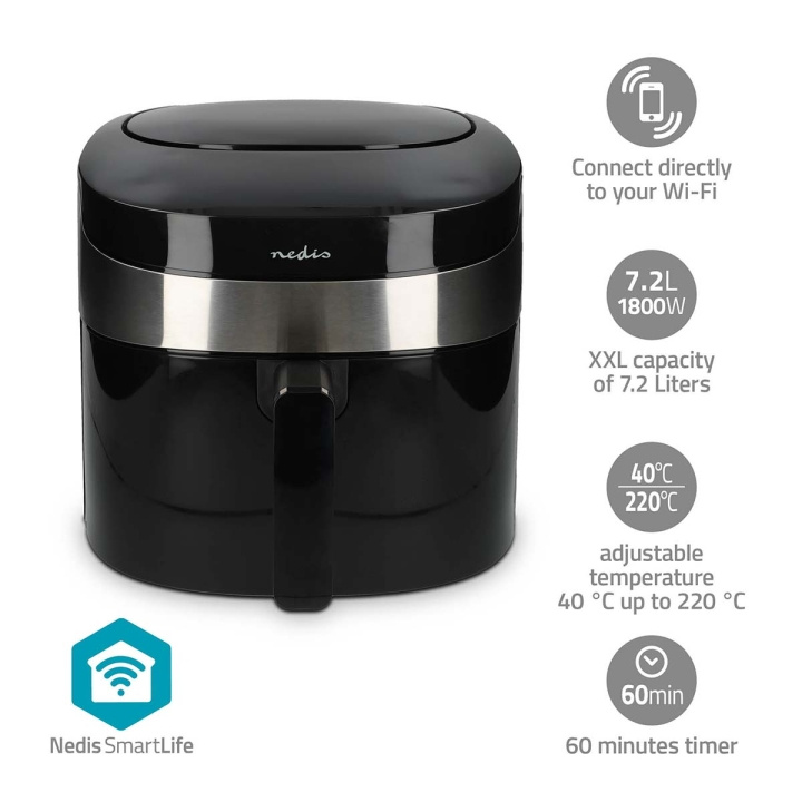 Nedis SmartLife Kuumailmakeitin | Wi-Fi | 7,2 l | Ajastin: 60 min | Esiasetettujen ohjelmien lukumäärä: 8 | Digitaalinen | Android™ / IOS | Musta ryhmässä KOTI, TALOUS JA PUUTARHA / Kodinkoneet / Airfryers ja rasvakeittimet @ TP E-commerce Nordic AB (C57038)