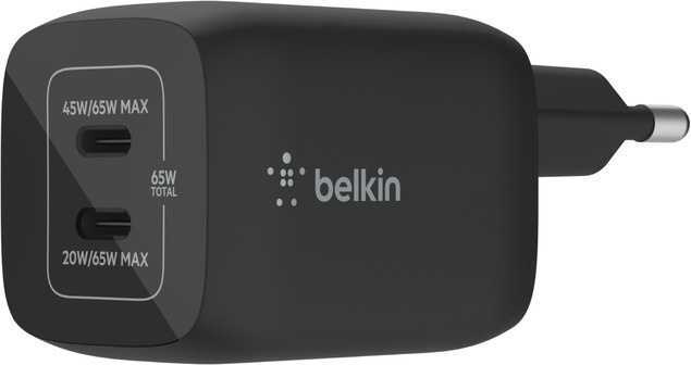 Belkin Boost Charge Pro Dual Port USB-C GaN 65 W PD 3.0 -verkkovirtalaturi, musta ryhmässä ÄLYPUHELIMET JA TABLETIT / Laturit & Kaapelit / Seinälaturi / Seinälaturi Type C @ TP E-commerce Nordic AB (C57829)