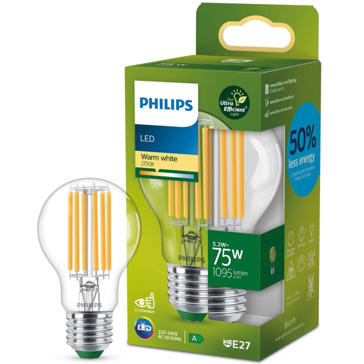 Philips LED E27 Normal 5,2W (75W) Klar 1095lm 2700K Energiklass A ryhmässä KODINELEKTRONIIKKA / Valaistus / LED-lamput @ TP E-commerce Nordic AB (C58113)