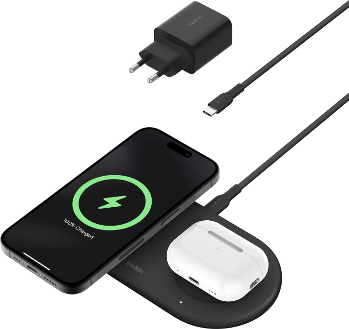 Belkin BoostCharge Pro 2-in-1 -Qi2-latausalusta, musta ryhmässä ÄLYPUHELIMET JA TABLETIT / Laturit & Kaapelit / Qi Langaton laturi @ TP E-commerce Nordic AB (C58923)