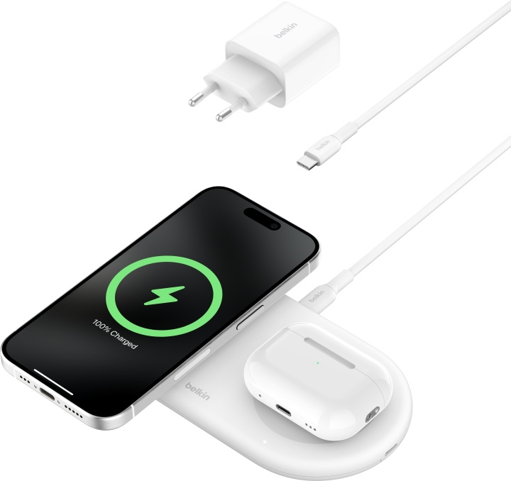 Belkin BoostCharge Pro 2-in-1 -Qi2-latausalusta, valkoinen ryhmässä ÄLYPUHELIMET JA TABLETIT / Laturit & Kaapelit / Qi Langaton laturi @ TP E-commerce Nordic AB (C58924)