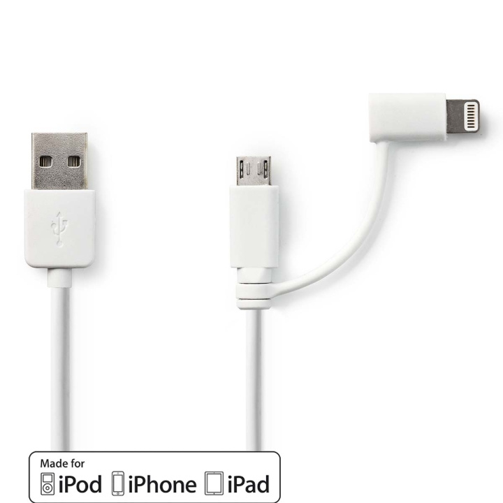 Nedis 2 in 1 kaapeli | USB 2.0 | USB-A Uros | Apple Lightning 8-Pin / USB Micro-B Uros | 480 Mbps | 1.00 m | Niklattu | Pyöreä | PVC | Valkoinen | Muovipussi ryhmässä TIETOKOONET & TARVIKKEET / Kaapelit & Sovittimet / USB / USB-A / Kaapelit @ TP E-commerce Nordic AB (C58985)