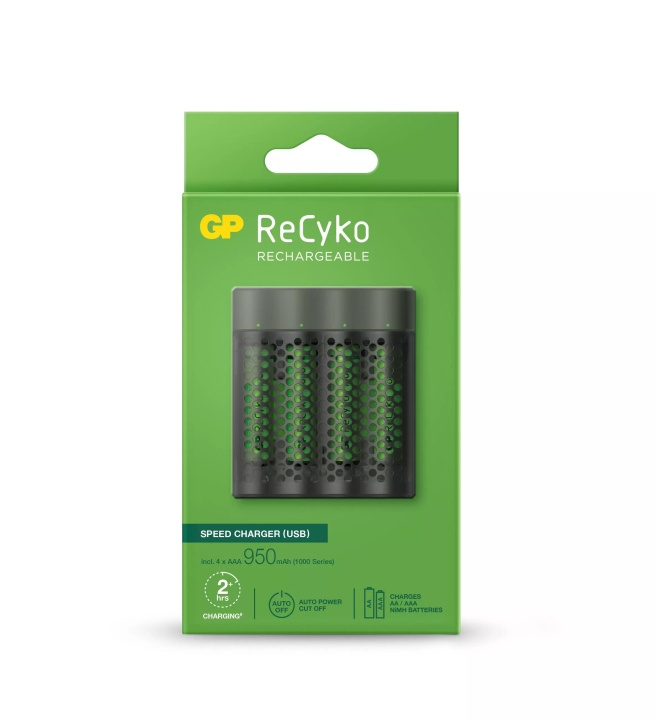 GP ReCyko Speed Charger w/4xAAA 950mAh (PB) ryhmässä KODINELEKTRONIIKKA / Paristot & Laturit / Ladattavat paristot / AAA @ TP E-commerce Nordic AB (C60016)