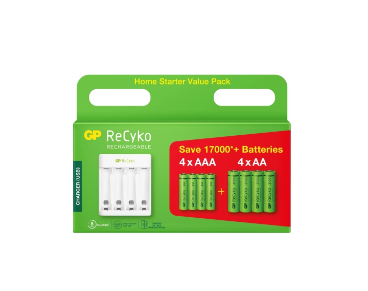 GP ReCyko Kit 4xAA 2100mA/ 4xAAA 850mA NiMH prepacked display ryhmässä KODINELEKTRONIIKKA / Paristot & Laturit / Ladattavat paristot / AA @ TP E-commerce Nordic AB (C60035)