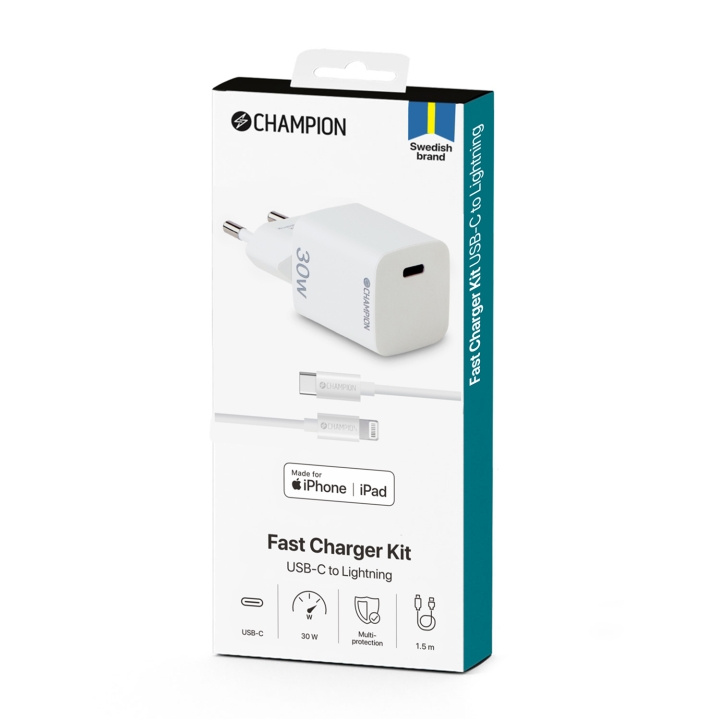 Champion Laddare 30W + USB-C till Lightning Kabel Vit ryhmässä ÄLYPUHELIMET JA TABLETIT / Laturit & Kaapelit / Seinälaturi / Seinälatruri Lightning @ TP E-commerce Nordic AB (C60262)