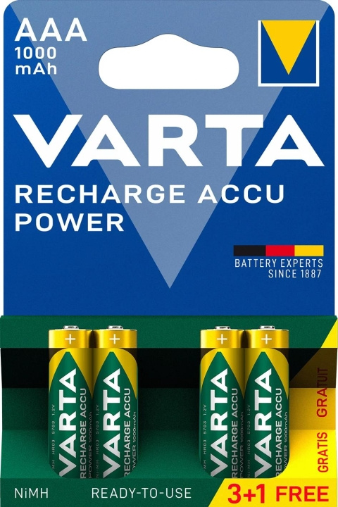 Varta Recharge Charge Accu Power AAA 1000mAh 4 Pack (3+1) ryhmässä KODINELEKTRONIIKKA / Paristot & Laturit / Ladattavat paristot / AAA @ TP E-commerce Nordic AB (C60789)