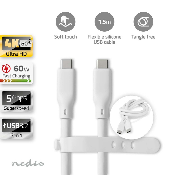 Nedis USB kaapeli | USB 3.2 Gen 1 | USB-C™ Uros | USB-C™ Uros | 60 W | 4K@60Hz | 5 Gbps | Niklattu | 1.50 m | Pyöreä | Silikoni | Valkoinen | Laatikko ryhmässä TIETOKOONET & TARVIKKEET / Kaapelit & Sovittimet / USB / USB-C @ TP E-commerce Nordic AB (C66109)