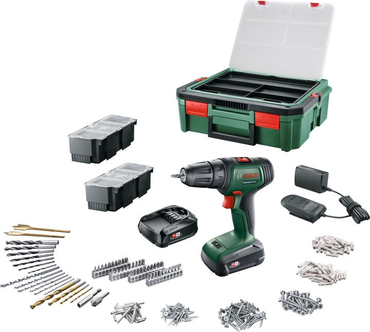 Bosch UniversalDrill 18V + SystemBox 241 -akkuporakone + tarvikesarja ryhmässä KOTI, TALOUS JA PUUTARHA / Työkalut & Tee itse / Porakoneet @ TP E-commerce Nordic AB (C69516)