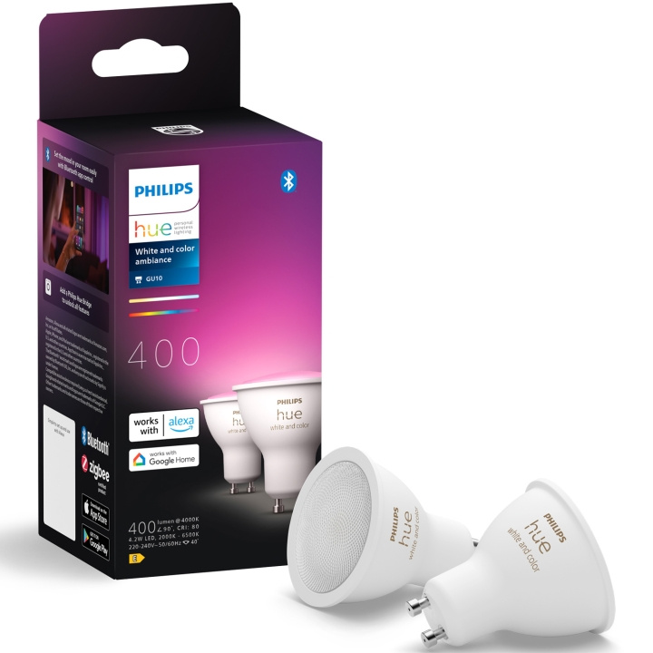 Philips Hue White and Color Ambiance GU10 400lm 2-pack ryhmässä KOTI, TALOUS JA PUUTARHA / Älykodit / Älykäs valaistus @ TP E-commerce Nordic AB (C81476)