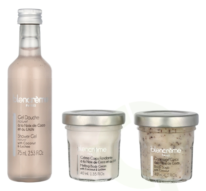 Blancreme Body Essentials Trio Set 155 ml Shower Gel 75ml/Body Scrub 40ml/Body Cream 40ml - Coconut & Lychee ryhmässä KAUNEUS JA TERVEYS / Ihonhoito / Kehon hoito / Kylpy- ja suihkugeelit @ TP E-commerce Nordic AB (D07965)