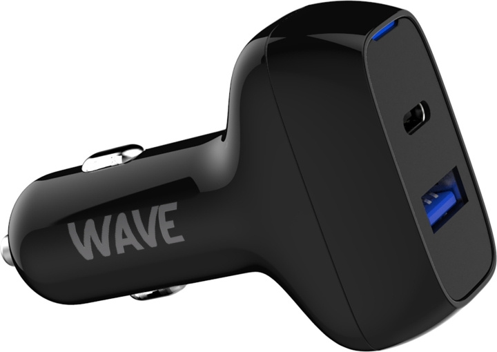 Wave Autolaturi, 1 x USB Type-C + 1 x USB-A 18W+18W, Musta ryhmässä ÄLYPUHELIMET JA TABLETIT / Laturit & Kaapelit / Autolaturi / Autolaturi Tyyppi C @ TP E-commerce Nordic AB (D15916)