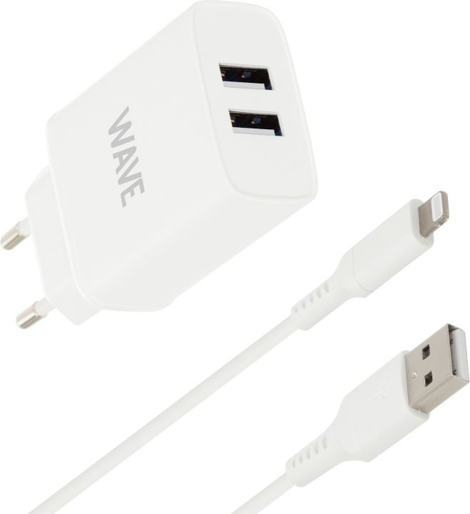 Wave verkkolaturi 2 x USB + Lightning-kaapeli, 17W, valkoinen ryhmässä ÄLYPUHELIMET JA TABLETIT / Laturit & Kaapelit / Seinälaturi / Seinälatruri Lightning @ TP E-commerce Nordic AB (D15975)