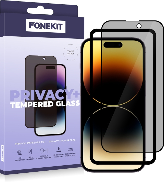 FoneKit Privacy+ Full Cover -panssarilasi, iPhone 14 Pro, musta ryhmässä ÄLYPUHELIMET JA TABLETIT / Puhelimen suojakotelo / Apple / iPhone 14 @ TP E-commerce Nordic AB (D16119)