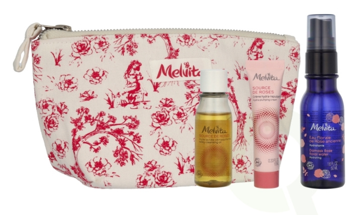 Melvita Essentials Set 90 ml Cleansing Oil 30ml/Hydra-Plumping Cream 10ml/Old Rose Floral Water 50ml/3x Reusable Cottons ryhmässä KAUNEUS JA TERVEYS / Lahjapakkaukset / Naisten lahjapakkaukset @ TP E-commerce Nordic AB (D18299)