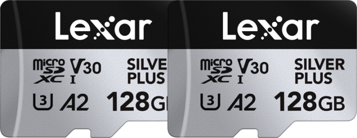 Lexar microSDXC Professional SILVER Plus UHS-I/U3/A2/4K R205/W150 (V30) - 128 Gt - 2-pakkaus ryhmässä KODINELEKTRONIIKKA / Tallennusvälineet / Muistikortit / SD/SDHC/SDXC @ TP E-commerce Nordic AB (D19601)