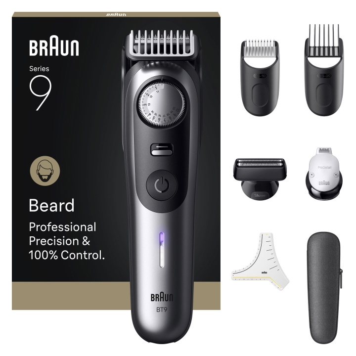 Braun Partatrimmeri Sarja 9, +7 parturi-kampaustyökalut, BT9520 - Satiinikromi ryhmässä KAUNEUS JA TERVEYS / Hiukset &Stailaus / Sheivaus ja trimmaus / Partatrimmerit & Tarvikkeet @ TP E-commerce Nordic AB (D19604)