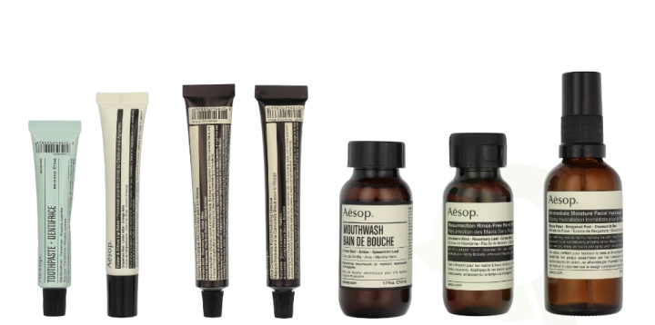 AESOP Departure Travel Kit 199 ml Hand Wash 50ml/Hand Balm 15ml/Hydrating Masque 15ml/Facial Hydrosol 50ml/Lip Cream 9ml/Mouthwash 50ml/Toothpaste 10ml ryhmässä KAUNEUS JA TERVEYS / Lahjapakkaukset / Naisten lahjapakkaukset @ TP E-commerce Nordic AB (D19647)