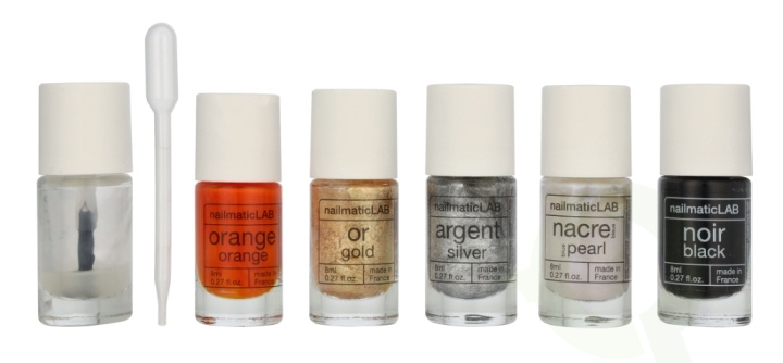 Nailmatic Nail Polish Set 52.5 ml Metallic - 5x Nail Polish 8ml/5x Mixing Bases 2.5ml/10 Pipettes/5 Labels/1 Booklet With 20 Recipes ryhmässä KAUNEUS JA TERVEYS / Manikyyri/Pedikyyri / Kynsilakka @ TP E-commerce Nordic AB (D21261)