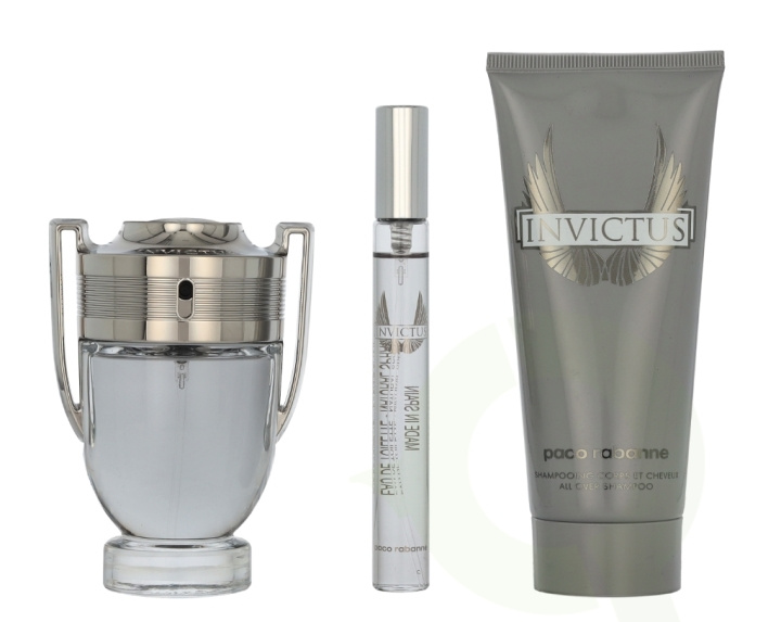 Paco Rabanne Invictus Giftset 160 ml Edt Spray 50ml/All Over Shampoo 100ml/Edt Travel Spray 10ml ryhmässä KAUNEUS JA TERVEYS / Tuoksut & Parfyymit / Parfyymit @ TP E-commerce Nordic AB (D21278)