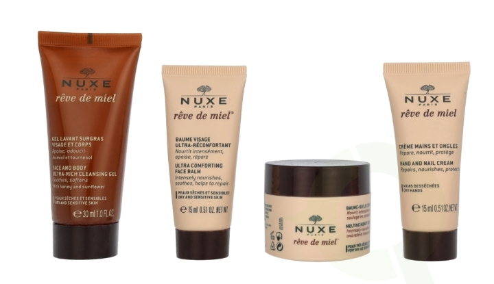 Nuxe Reve De Miel Travel Kit 90 ml Face and Body Wash 30 ml/Face Balm 15 ml/Melting Body Oil Balm 30 ml/Hands and Nails Cream 15 ml ryhmässä KAUNEUS JA TERVEYS / Lahjapakkaukset / Naisten lahjapakkaukset @ TP E-commerce Nordic AB (D23414)