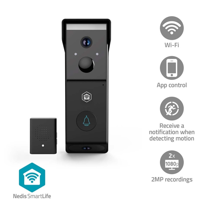 Nedis SmartLife Video Ovipuhelin | Paristokäyttöinen | 2x Full HD 1080p | MicroSD (ei sisälly) / Pilvipalvelutallennus (valinnainen) | IP54 | Liiketunnistimella | Yökuvaus | Musta ryhmässä KOTI, TALOUS JA PUUTARHA / Hälytys ja turvallisuus / Ovikellot @ TP E-commerce Nordic AB (D24981)
