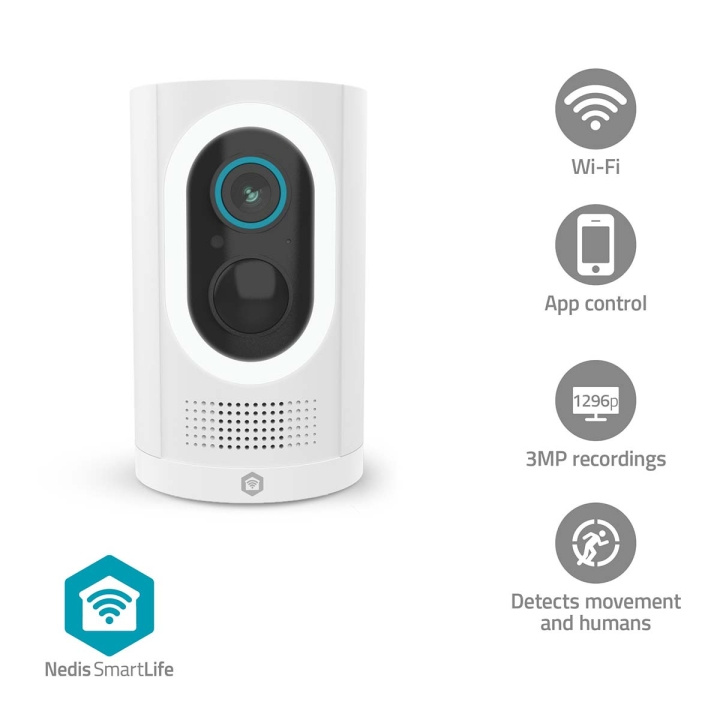 Nedis SmartLife Ulkokamera | Wi-Fi | Spotlight | 3MP Full HD 1296p | IP65 | Maks. akunkesto: 6 Kuukautta | MicroSD (ei sisälly) / Pilvipalvelutallennus (valinnainen) | 5 V DC | Liiketunnistimella | Yökuvaus | Valkoinen ryhmässä KOTI, TALOUS JA PUUTARHA / Hälytys ja turvallisuus / Valvontakamerat / Digitaalinen (verkko) / Ulkokamerat @ TP E-commerce Nordic AB (D25014)